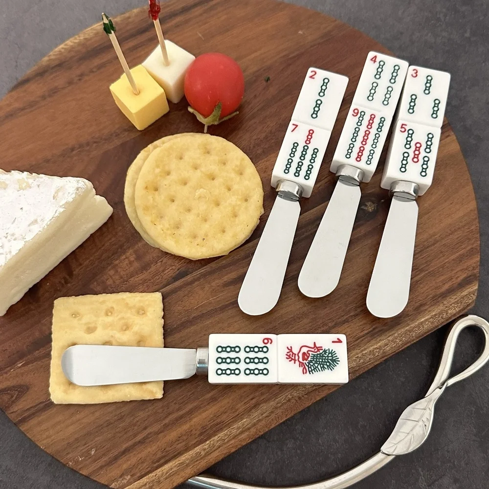 Mahjong Decor 4-Piece Hand Painted Resin Handle with Steel Blade, Bamboo Charm